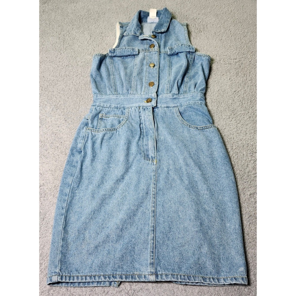 Avon Fashions Womens 3/4 Denim Dress Light Blue Sleeveless Button Front Vintage